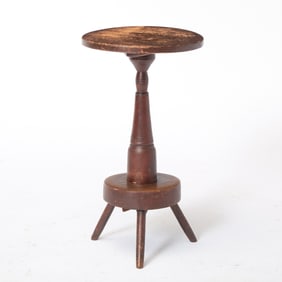 Red-Painted Turned Pine and Oak Candle Stand