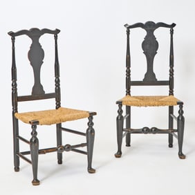 Pair of Black-Painted Queen Anne Rush-seat Side Chairs