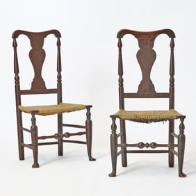 Pair of Queen Anne Red-Painted Vase-back Rush-seat Side Chairs