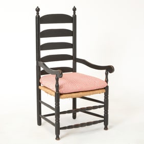 Black-Painted Maple and Ash Slat-Back Rush-seat Armchair