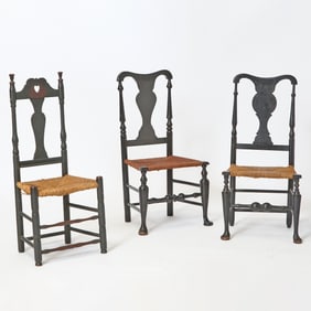 Three Black-painted Queen Anne Vase-back Rush-seat Side Chairs