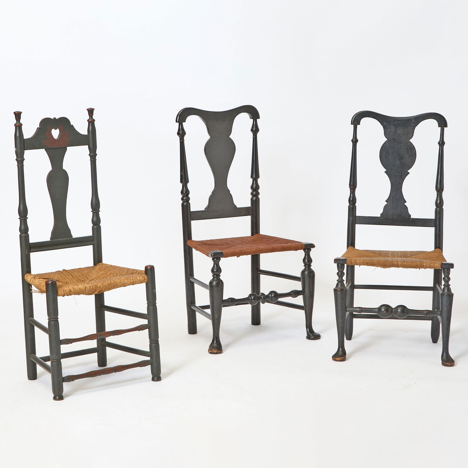 Three Black-painted Queen Anne Vase-back Rush-seat Side Chairs (1 of 6)