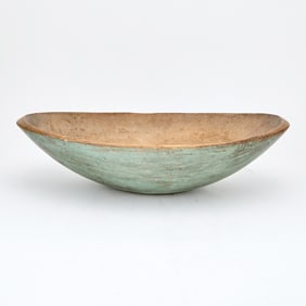 Large Light Blue-Painted Oval Carved Wood Chopping Bowl