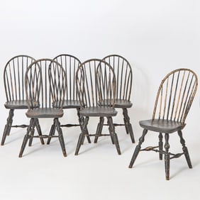 Set of Six Black-Painted Bow-Back Windsor Side Chairs