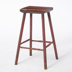 Red-Painted Oak Stool