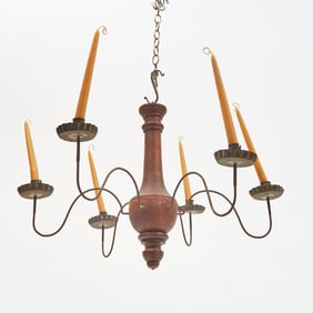 Red-Painted Turned Pine and Iron Six-Light Chandelier