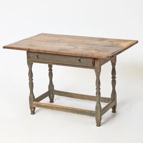 Gray Green-Painted Pine and Maple Tavern Table