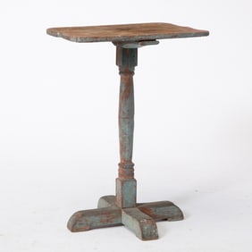 Light Blue-Painted Pine and Ash Cross-Base Candle Stand