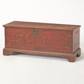 Diminutive Red-Painted and Smoke-Decorated Pine Blanket Chest