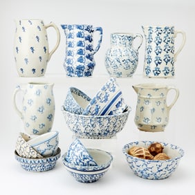 Group of Blue and White Spongeware Table Articles