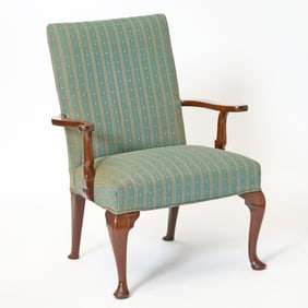 Queen Anne Style Walnut Upholstered Open Armchair