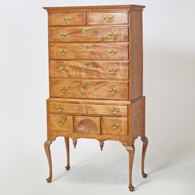 Queen Anne Tiger Maple and Birch High Chest of Drawers