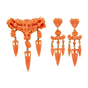 Antique Gold and Carved Coral Fringe Brooch and Pair of Pendant-Earclips, France