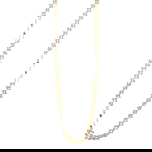 Long Antique Double Strand Seed Pearl Bead Gold and Enamel Necklace: Seed pearl mesh beads and strands, bead dia. ap. 7.0 mm., black and white enamel, signature obscured, possibly attributed to Carlo Giuliano, several repairs, broken strands and replaced beads, missing