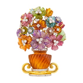 Valentin Magro Gold, Carved Gem-Set and Diamond Floral Bouquet Clip-Brooch