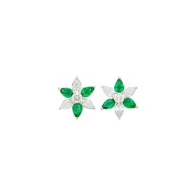 Pair of Platinum, Emerald and Diamond Flower Stud Earrings