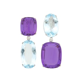 Pair of White Gold, Aquamarine, Amethyst and Diamond Pendant-Earrings