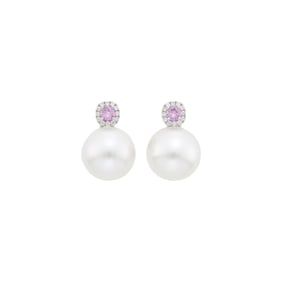 Pair of White Gold, South Sea Cultured Pearl, Pink Sapphire and Diamond Pendant-Earrings