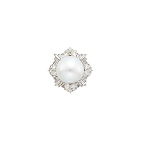 White Gold, South Sea Cultured Pearl and Diamond Ring