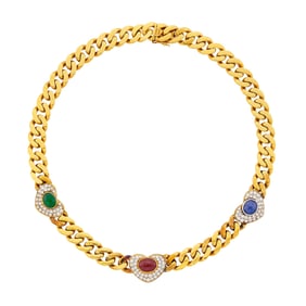 Two-Color Gold, Cabochon Colored Stone and Diamond Curb Link Chain Necklace