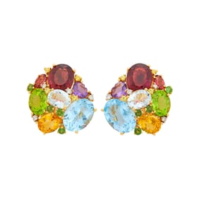 Pair of Gold, Colored Stone and Diamond Cluster Earclips