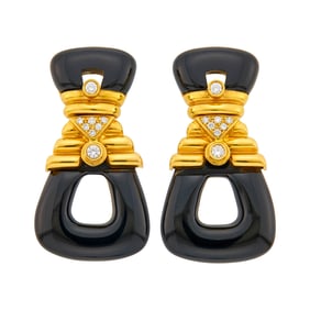 Pair of Gold, Black Onyx and Diamond Doorknocker Pendant-Earclips