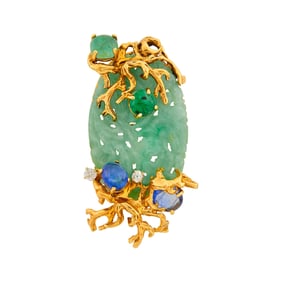 Seaman Schepps Gold, Carved Jade, Cabochon Emerald and Sapphire and Diamond Clip-Brooch