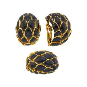 Pair of Gold and Black Enamel Bombé Half-Hoop Earclips and Dome Ring