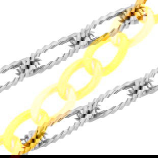 Tricolor Gold Link Bracelet: 18 kt. yellow, white and rose gold, maker's mark obscured, ap. 39.5 dwts. Length 8 inches. Few faint dings. Width 13/16 inch.