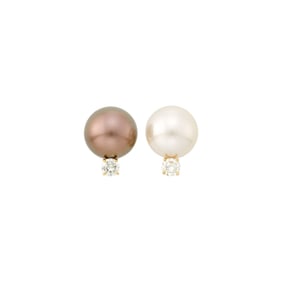 Pair of Gold, South Sea and Tahitian Gray Cultured Pearl Earrings