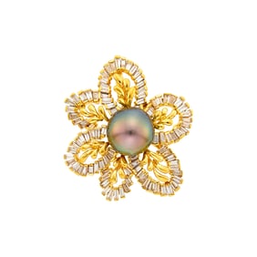 Gold, Tahitian Gray Cultured Pearl and Diamond Flower Pendant-Brooch