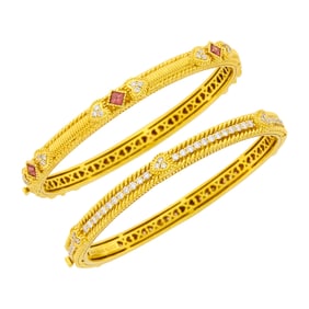 Judith Ripka Two Gold, Pink Tourmaline and Diamond Bangle Bracelets