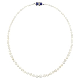 Natural Pearl Necklace with Platinum, Sapphire and Diamond Clasp