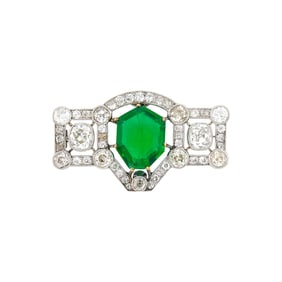 Platinum, Synthetic Emerald and Diamond Brooch