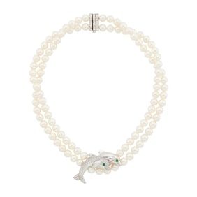 Cartier Double Strand Cultured Pearl, White Gold and Diamond Dolphin Necklace, France