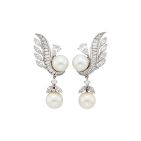 Pair of Platinum, Cultured Pearl and Diamond Pendant-Earrings