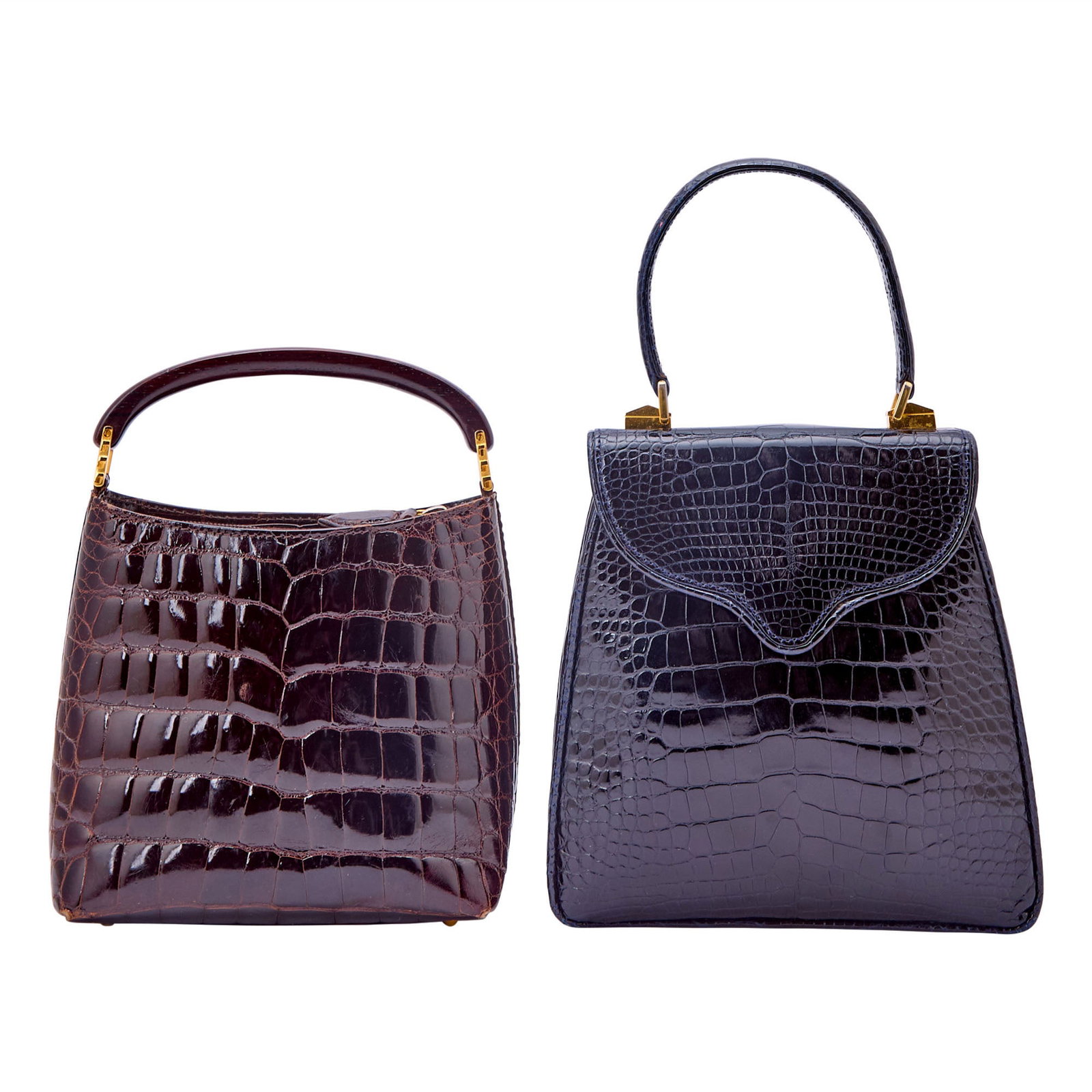Two Lana Marks Crocodile and Alligator Bags: Top handle bags in navy blue alligator and brown crocodile, with gold-tone hardware, mulitple compartments, both signed Lana Marks. 7 1/2 x 8 x 1 1/4 and 7 x 6 x 2 1/2 inches. Some wear