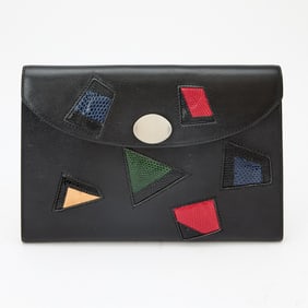 Hermès Black Leather and Colorful Exotic Skin Clutch