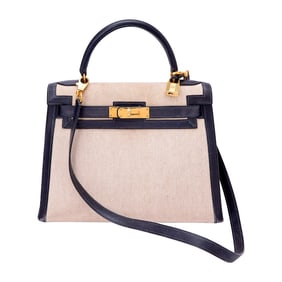 Hermès Navy Blue Leather and Toile 'Kelly' 28 Bag