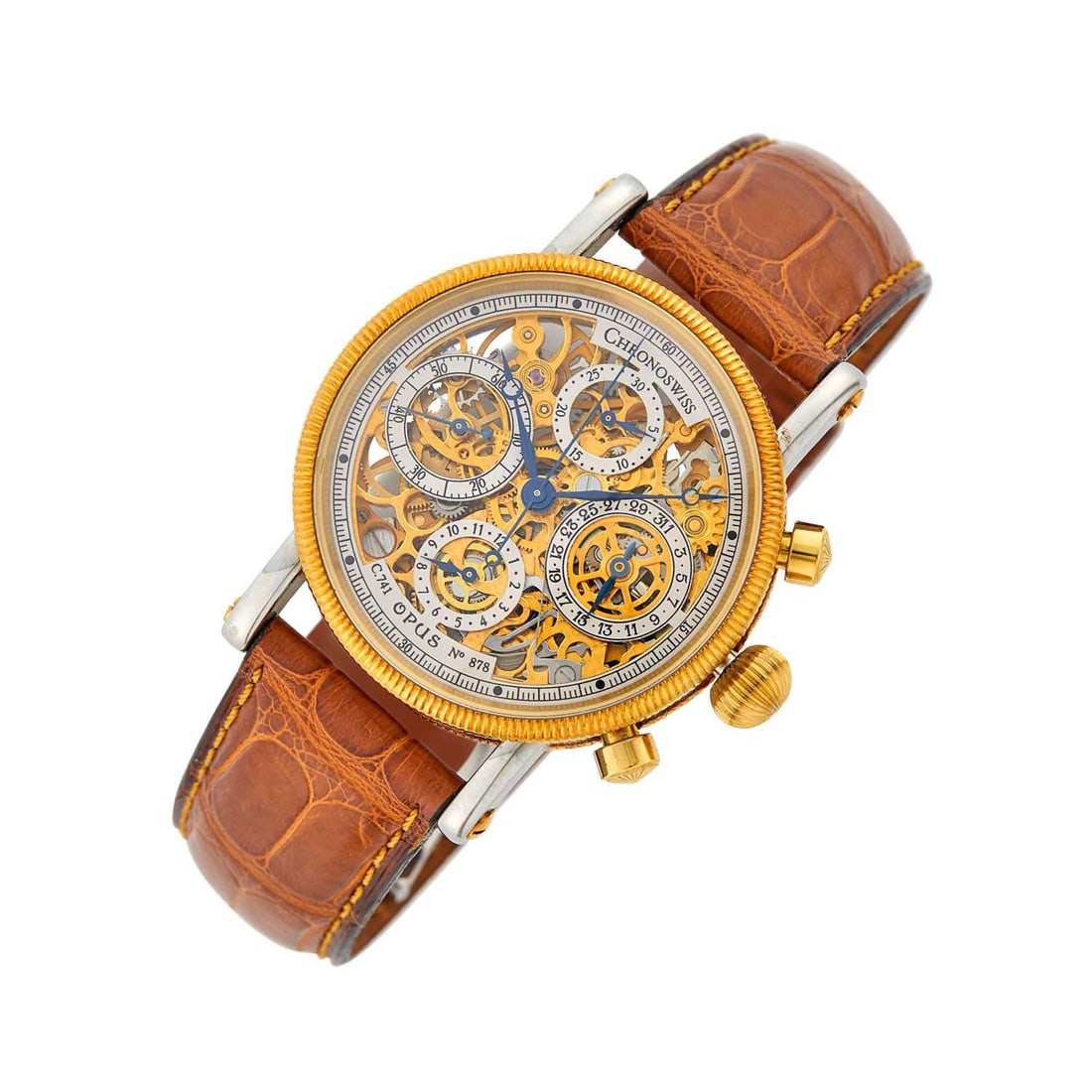 Chronoswiss Stainless Steel and Gold 'Opus Skeletonized with Date' Chronograph Wristwatch, Ref.: 18 kt., automatic, round skeletonized dial, four subsidiary dials, silver-tone outer chapter rings, blue steel hands with stop seconds, sapphire crystal, coin-edge bezel, fluted crown, push-button chr