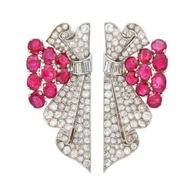 Pair of Platinum, Ruby and Diamond Clip-Brooches