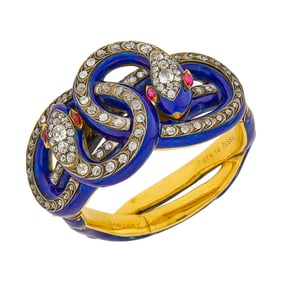 Antique Gold, Silver, Blue Enamel, Diamond and Cabochon Ruby Snake Bangle Bracelet