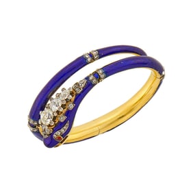Antique Gold, Silver, Blue Enamel and Diamond Snake Bangle Bracelet