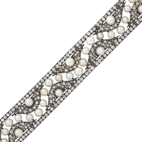Antique Silver, Gold, Natural and Cultured Pearl and Diamond Bracelet