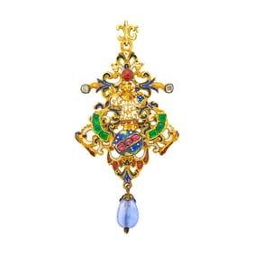 Renaissance Revival Gold, Enamel, Gem-Set, Sapphire Bead and Diamond Religious Pendant