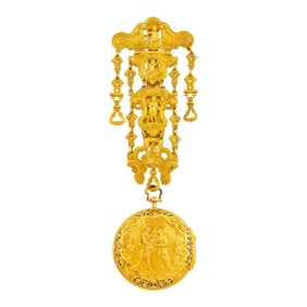 Antique Gold Repoussé Pair Case Pocket Watch with Chatelaine 18th Century