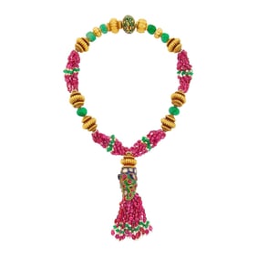 Indian High Karat Gold, Silver, Ruby and Fluted Emerald Bead, Gem-Set, Seed Pearl and Enamel Dragon