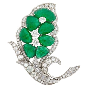 Platinum, Emerald and Diamond Clip-Brooch