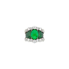 Platinum, Silver, Cabochon Emerald, Emerald and Diamond Ring