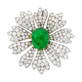Platinum, Gold, Cabochon Emerald and Diamond Flower Clip-Brooch